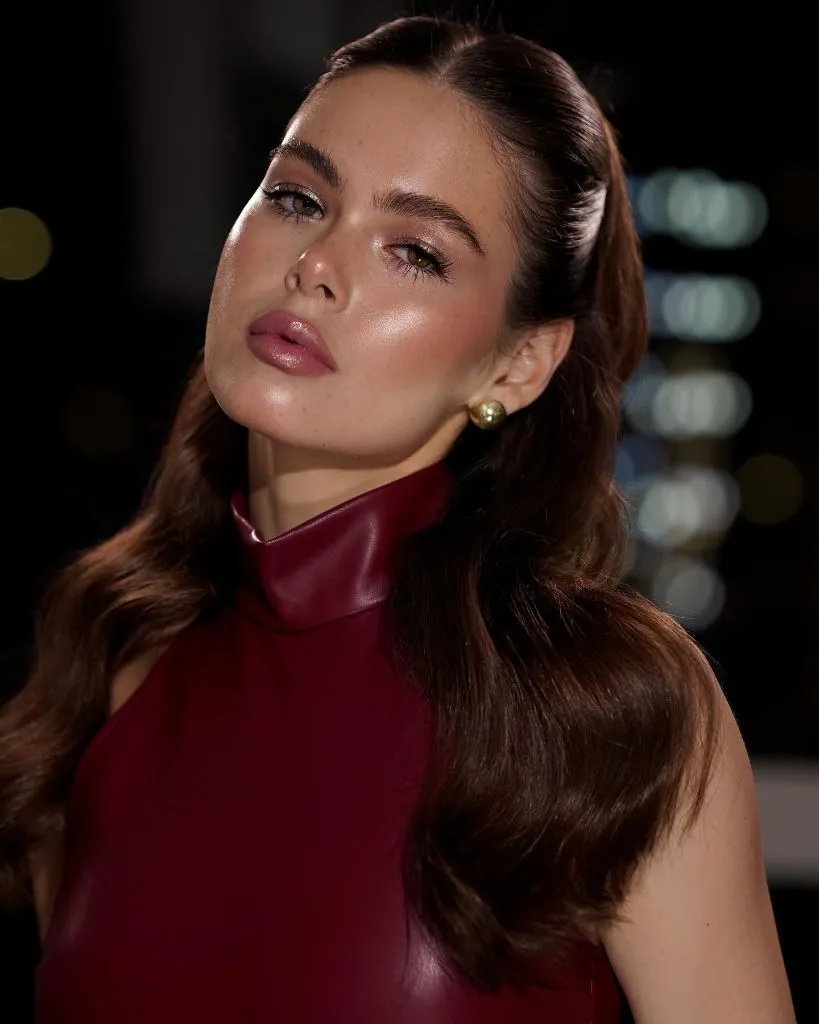 Middle Parting Hairstyles Burgundy Leather With Old Hollywood Side-Swept Waves