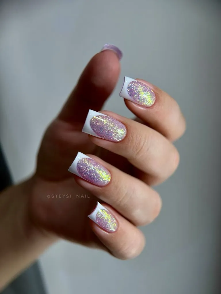 Color First Fall Manicure 2026 Iridescent French Tip Square Nails With Lavender Shimmer
