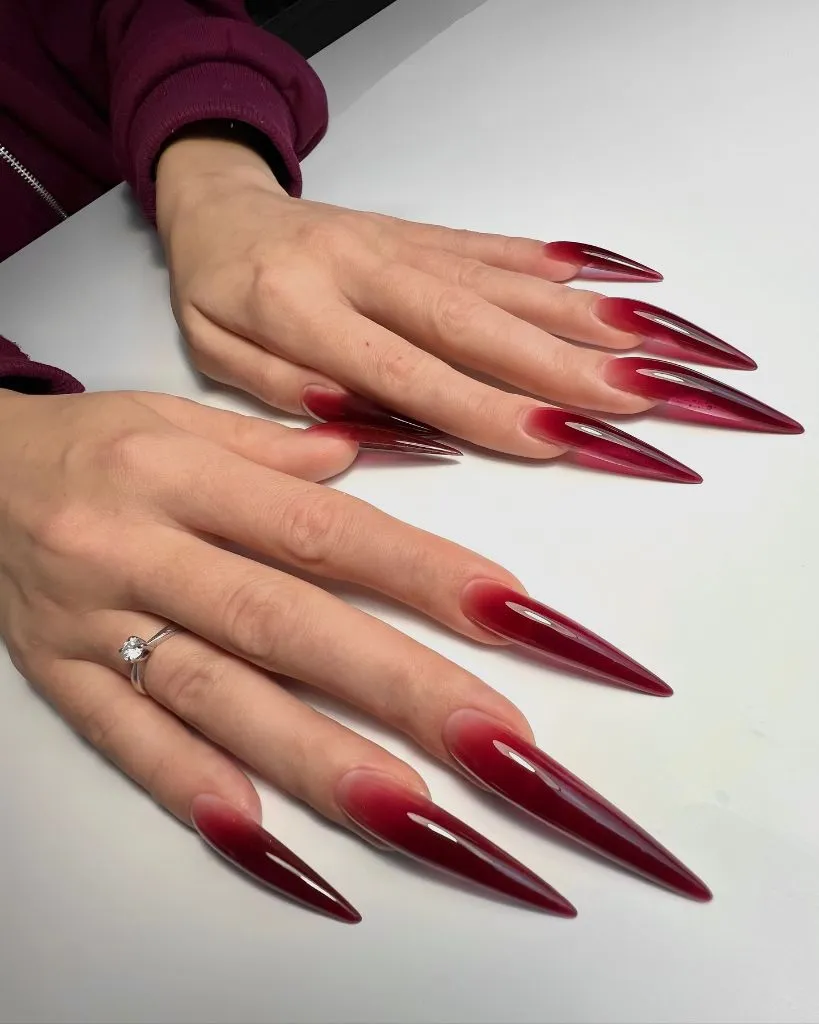 Fall Long Nails 2026 Deep Red Ombre Extra Long Stiletto Nails