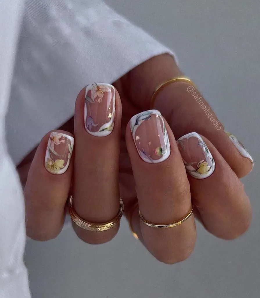 Fall Wedding Nails 2026 Watercolor Floral Art On Short Round Nails