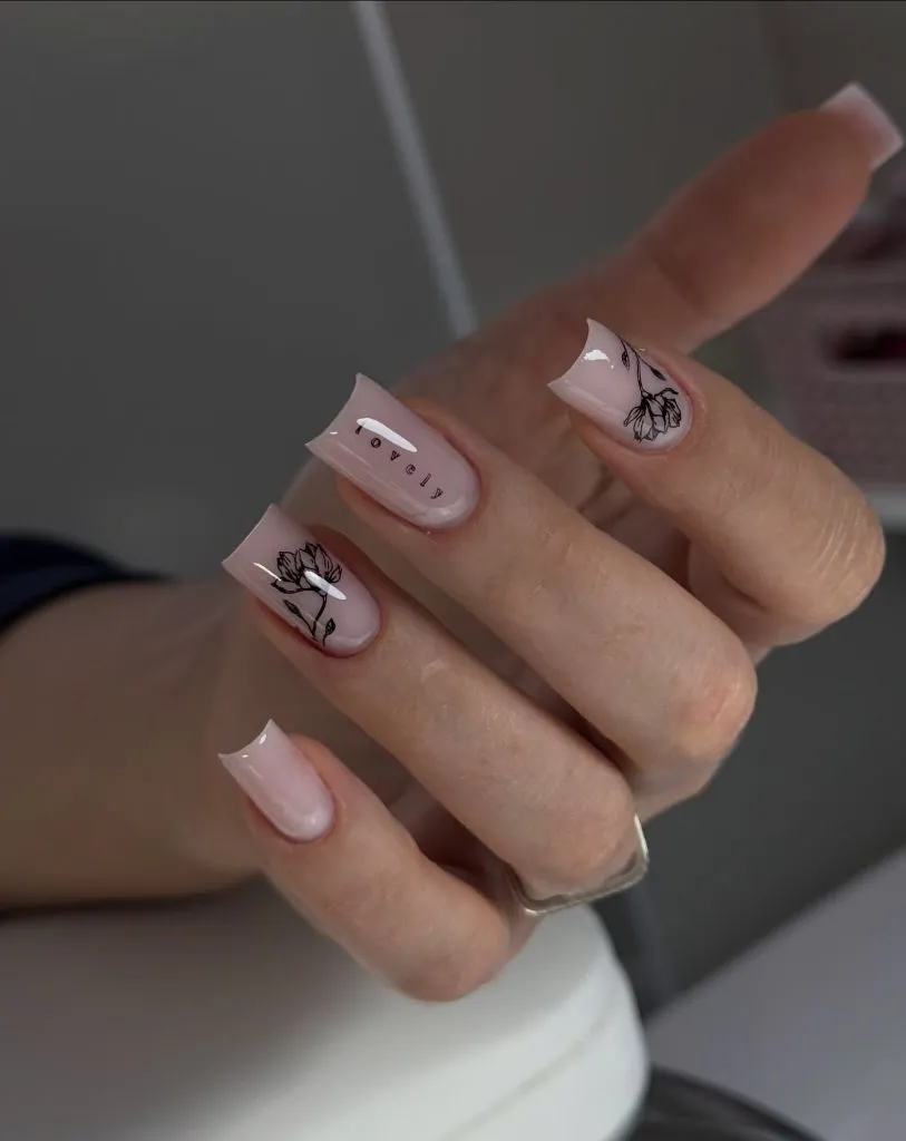 Fall Long Nails 2026 Nude Pink Square Nails With Black Line Art Florals