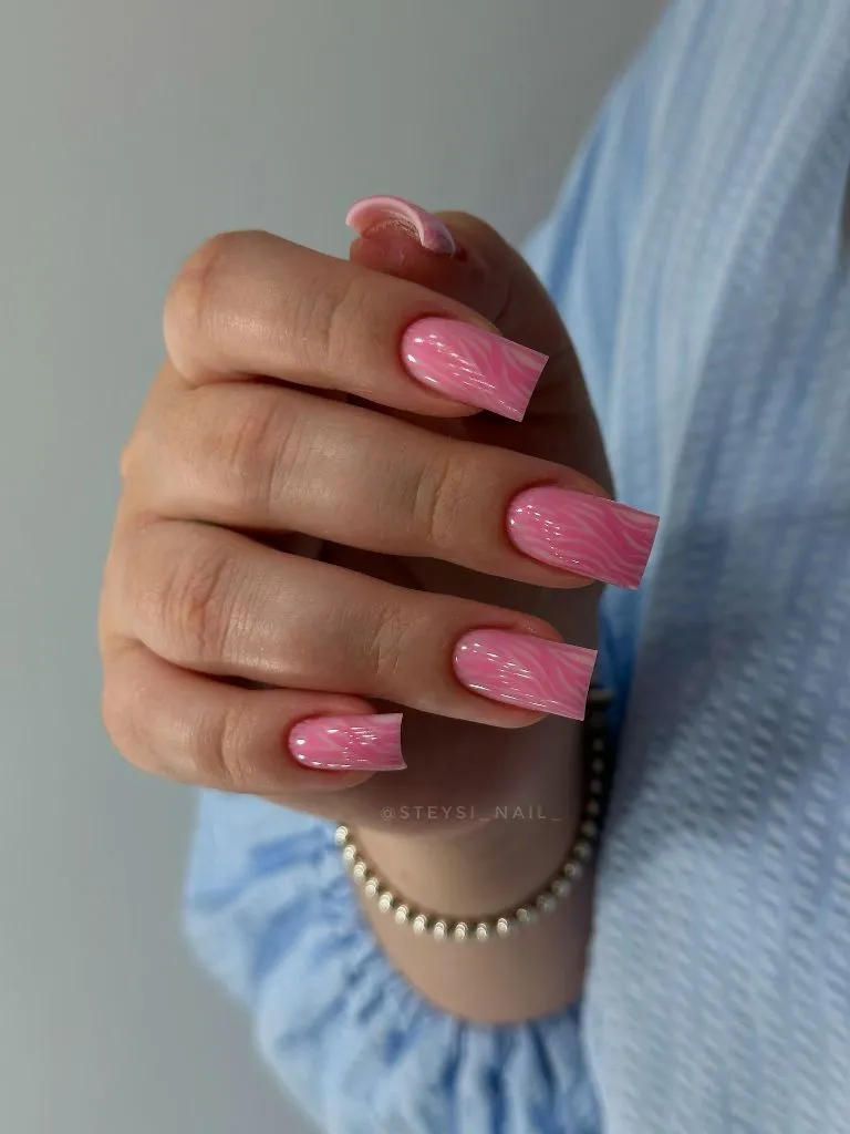 Color First Fall Manicure 2026 Pink Zebra Swirl Square Nails