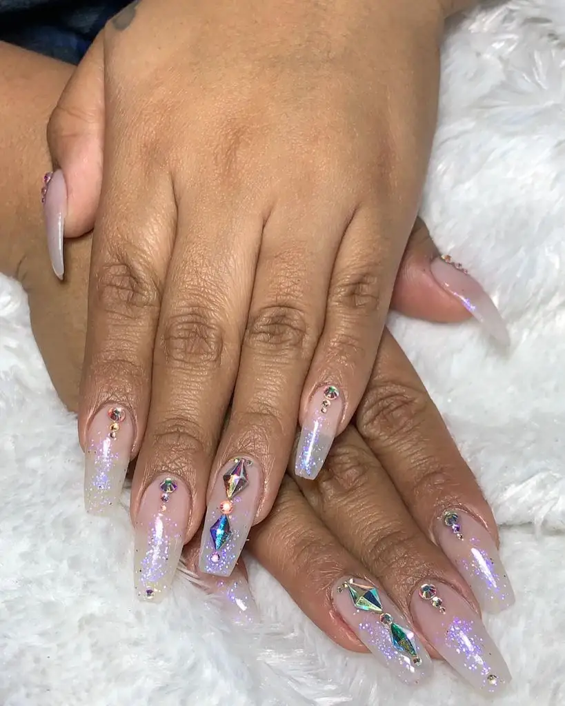 Fall Long Nails 2026 Iridescent Lavender Coffin Nails With Crystal Clusters