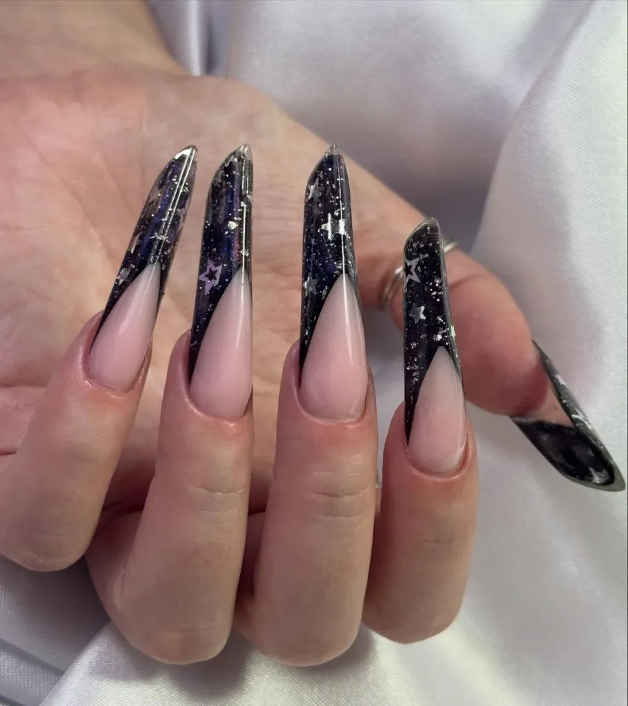 Fall Long Nails 2026 Galaxy Glitter Stiletto Nails With Star Accents