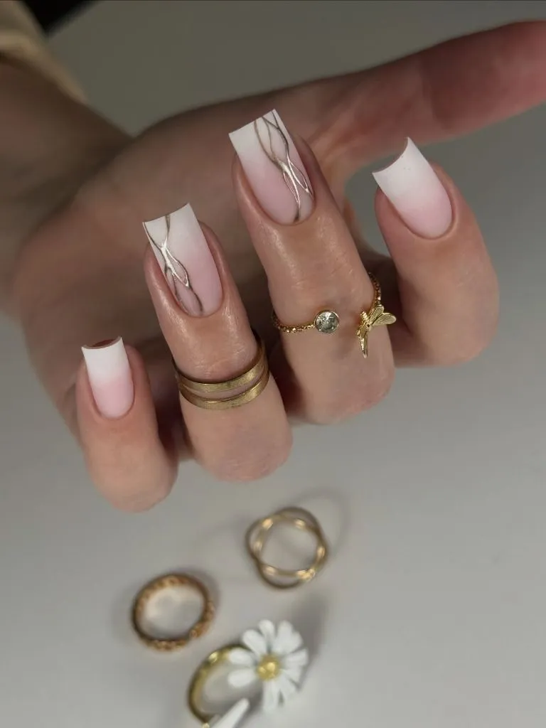 Fall Nail Inspiration 2026 Milky White Matte Square Nails With Gold Vein Art