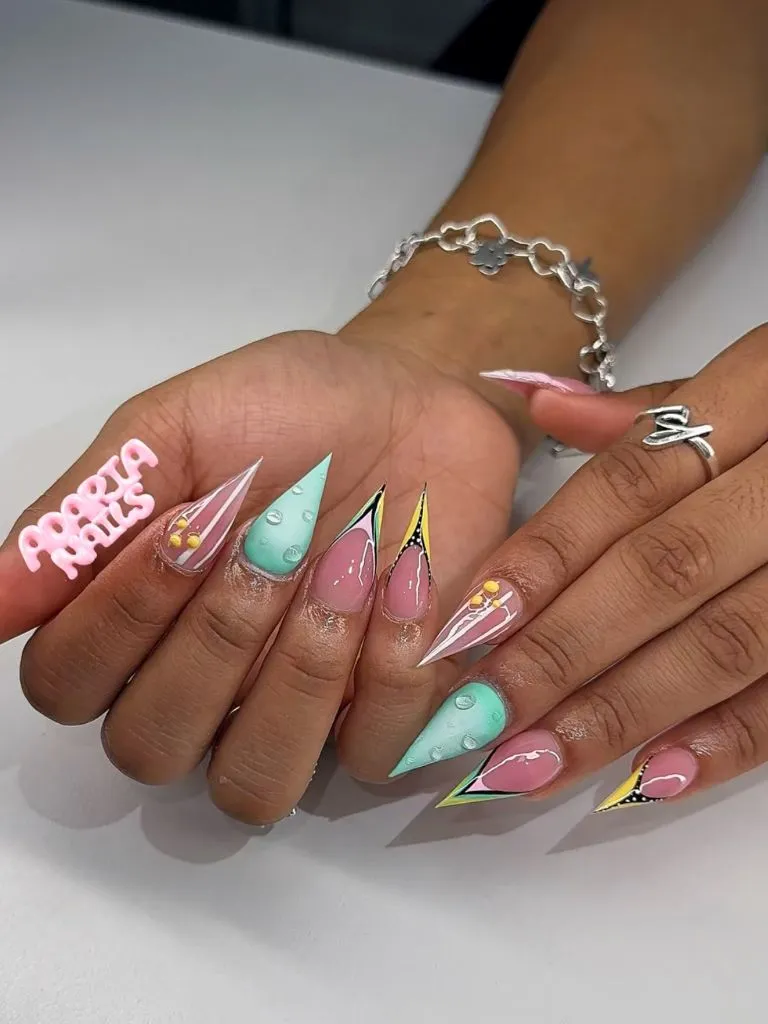 Fall Nail Colors for Dark Skin Pastel Mint And Pink Stiletto Nails With Water Droplet Details