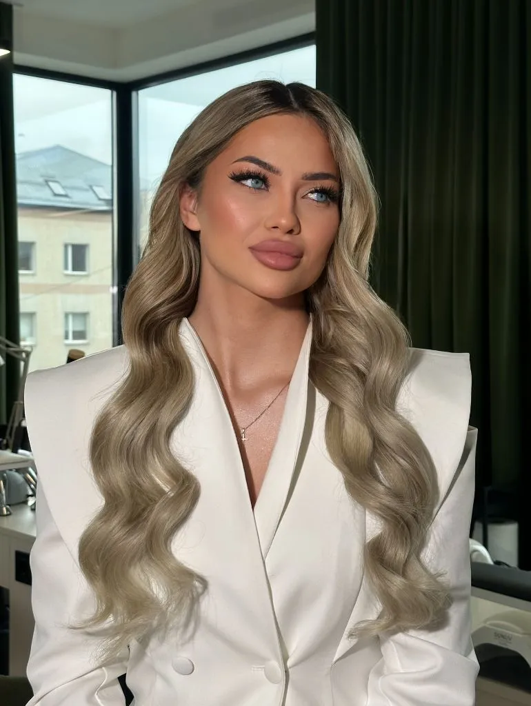 Middle Parting Hairstyles Ash Blonde Voluminous Waves In A White Power Blazer