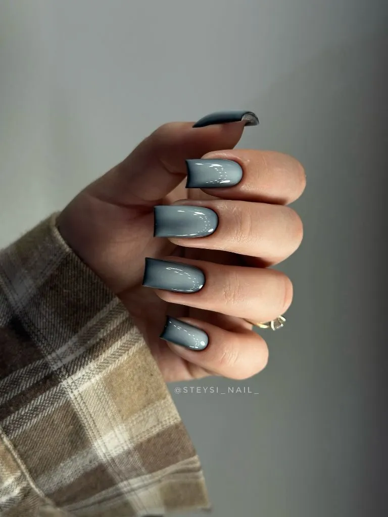Color First Fall Manicure 2026 Dusty Steel Blue Ombre Square Nails