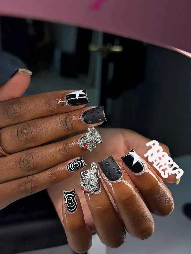 Fall Nail Colors for Dark Skin Black And White Graphic Art Square Nails With 3D Silver Charms