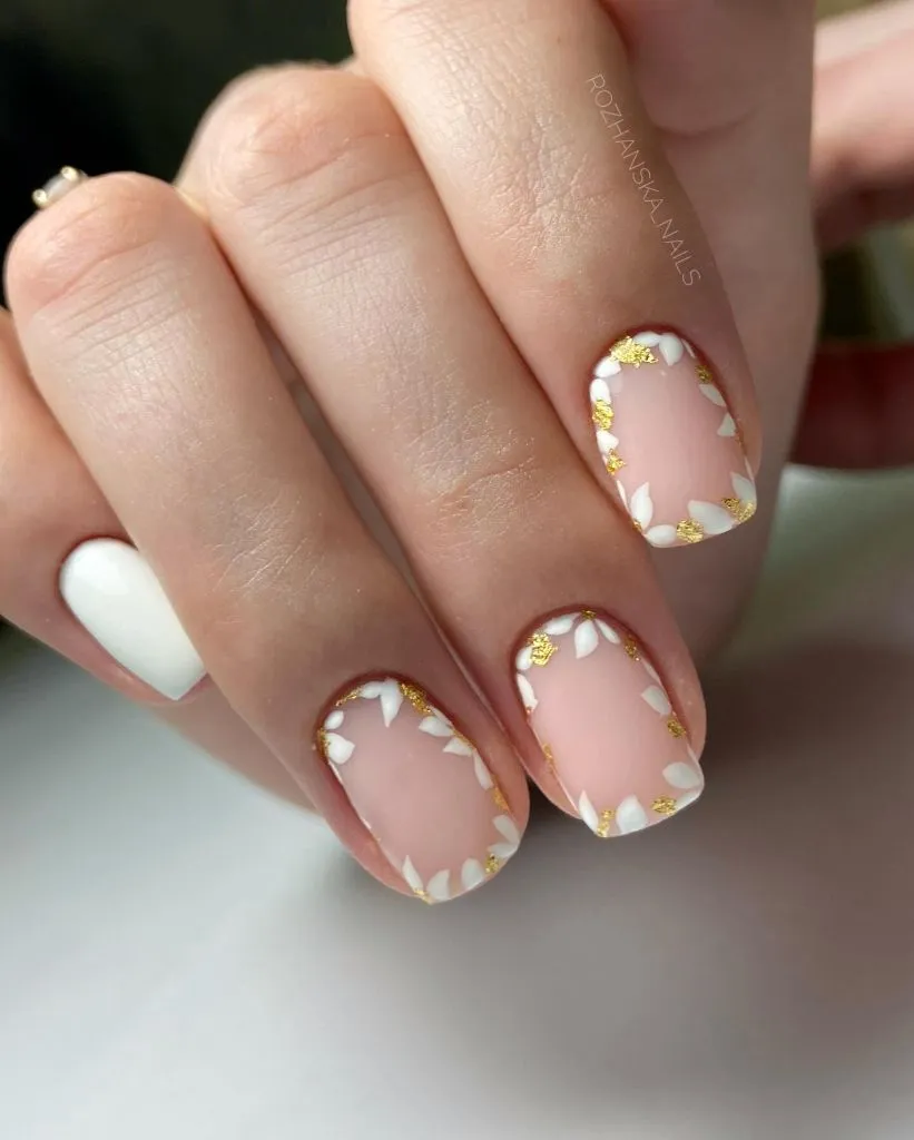 Fall Wedding Nails 2026 Nude With White Petal Overlay And Gold Leaf On Short Nails