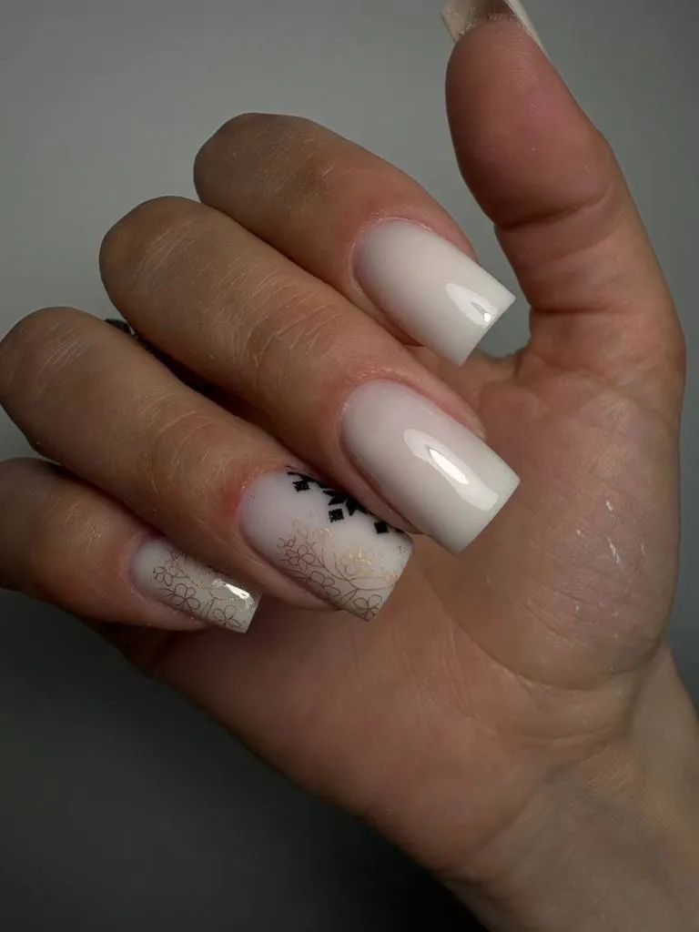 Color First Fall Manicure 2026 Milky Nude Square Nails With Snowflake And Gold Foil Accent