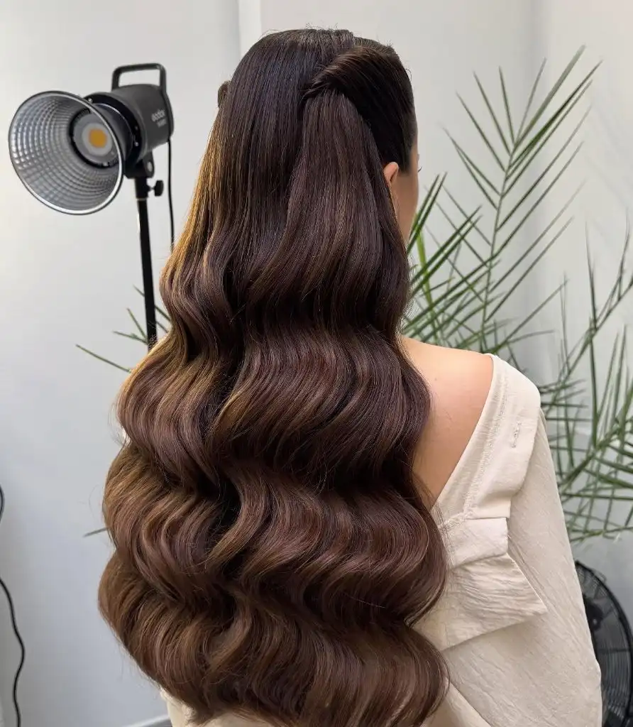 Middle Parting Hairstyles Rich Chocolate Waves Falling From A Voluminous Half-Up