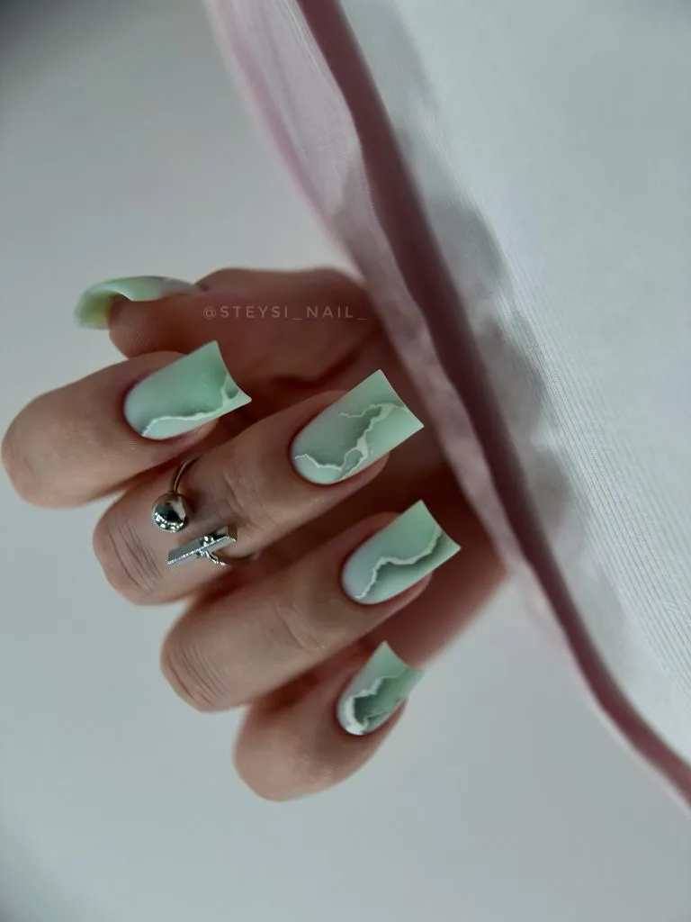 Color First Fall Manicure 2026 Sage Green Marble Square Nails