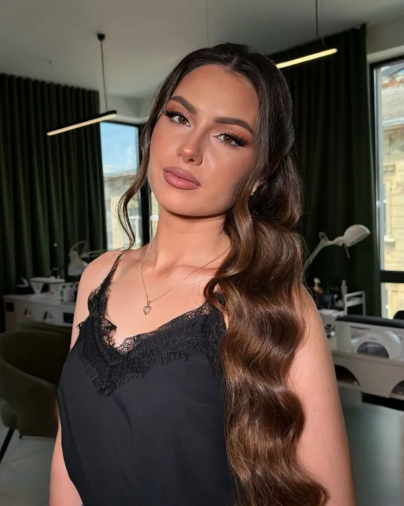 Middle Parting Hairstyles Long Brunette Hollywood Curls In A Lace Camisole