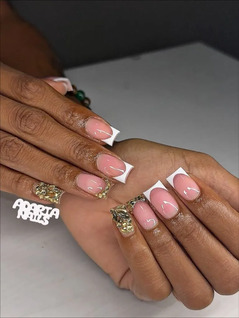 Fall Nail Colors for Dark Skin Classic White French Tips With Gold Rhinestone Accents On Short Square Nails