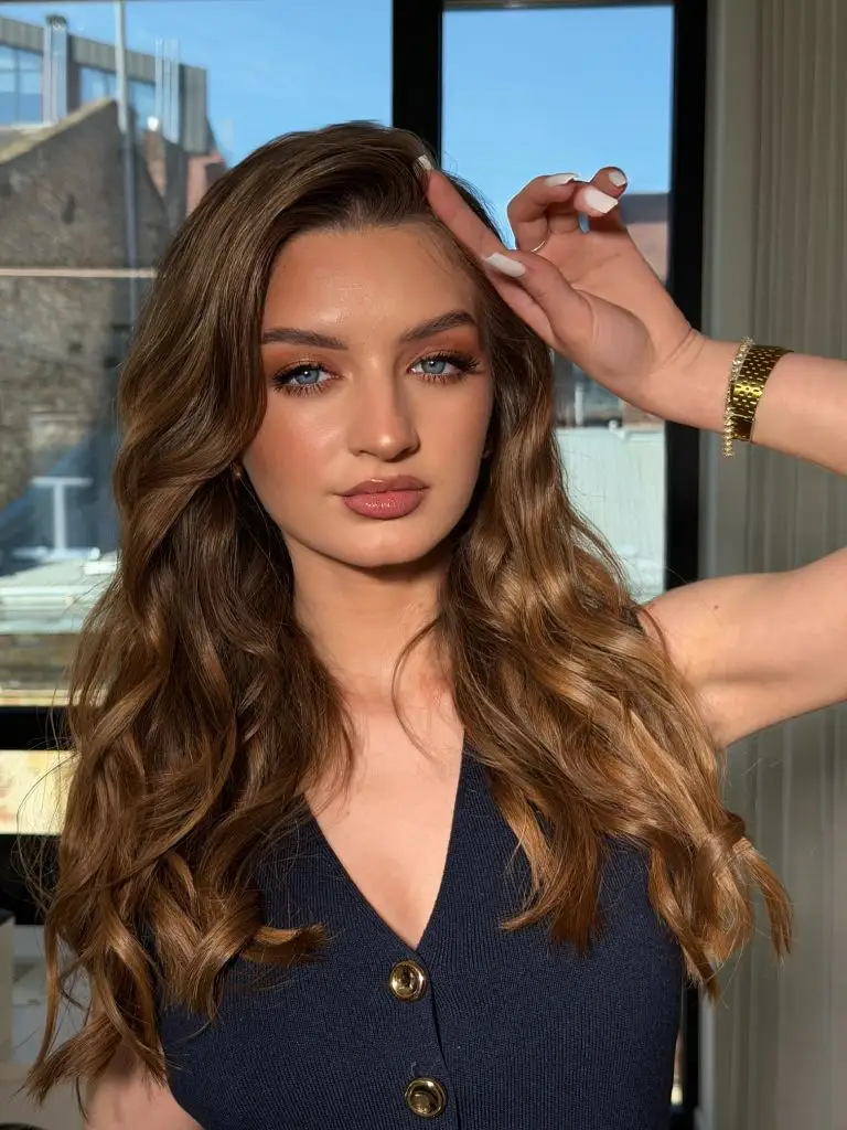 Middle Parting Hairstyles Warm Caramel Waves With A Soft Centre Part