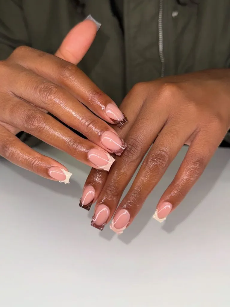 Fall Nail Colors for Dark Skin Nude Pink Square Nails With Chocolate Brown And Cream Swirl Tips