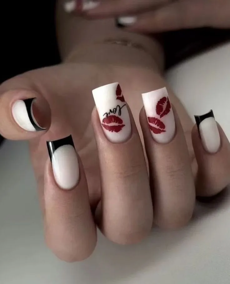 Fall Nail Inspiration 2026 White and Black French Tip Nails With Red Lip Kiss Art
