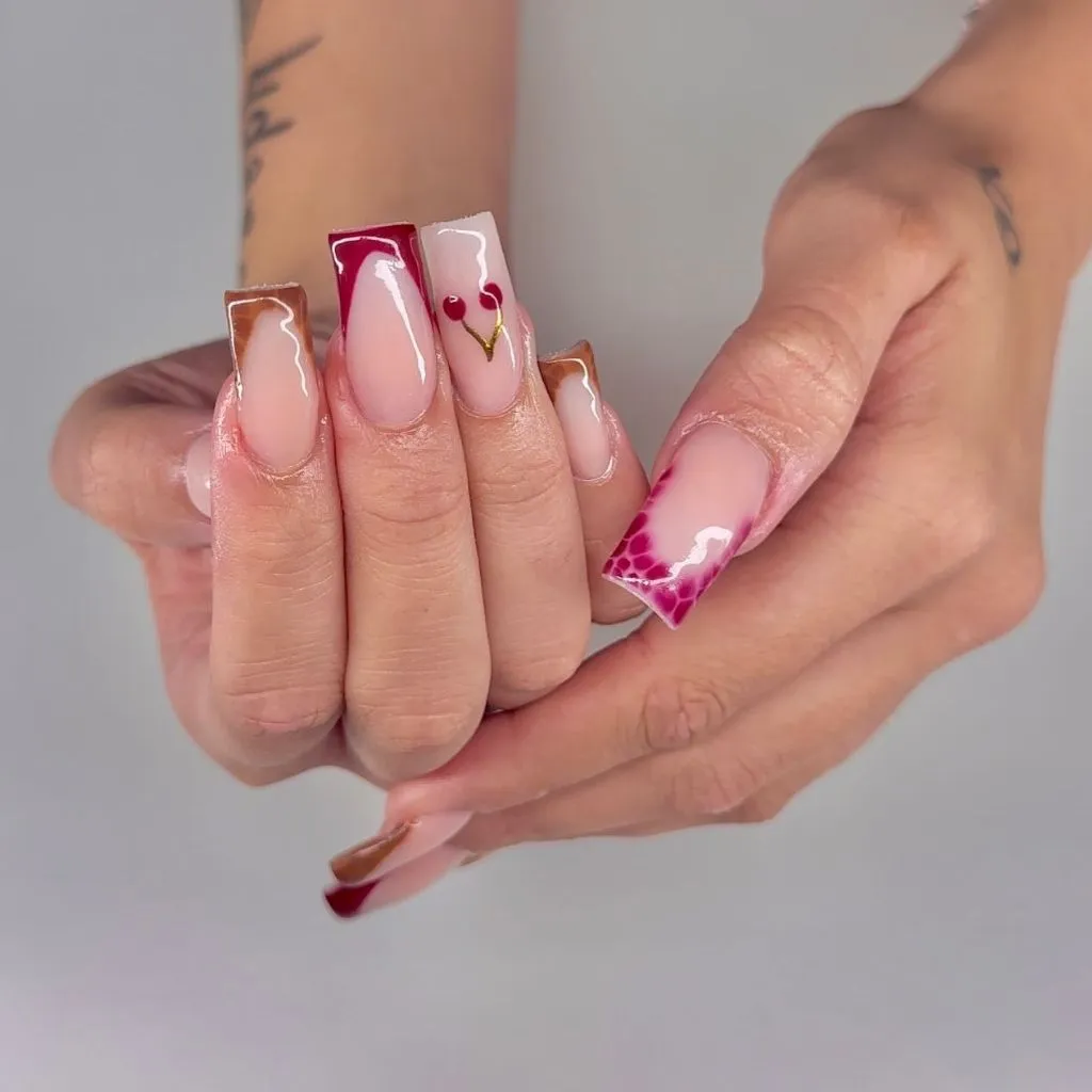 Fall Long Nails 2026 Cherry And Chocolate French Tip Art Nails