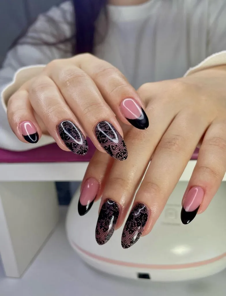 Color First Fall Manicure 2026 Pink And Black Lace Overlay Almond Nails