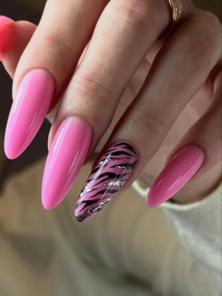Fall Long Nails 2026 Hot Pink Almond Nails With Glitter Tiger Print Accent