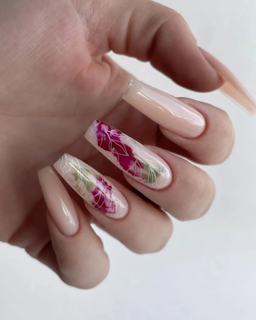 Fall Long Nails 2026 Nude Coffin Nails With Watercolor Floral Art