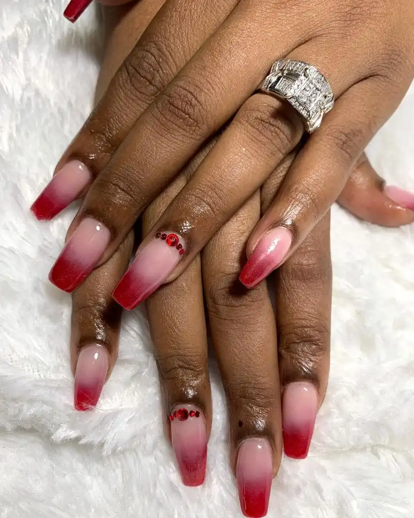 Fall Long Nails 2026 Red Ombre Coffin Nails With Red Crystal Accents