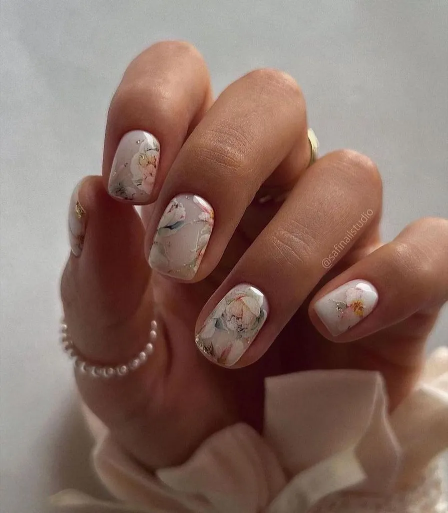 Fall Wedding Nails 2026 Soft Peony Watercolor On Short Square Nails