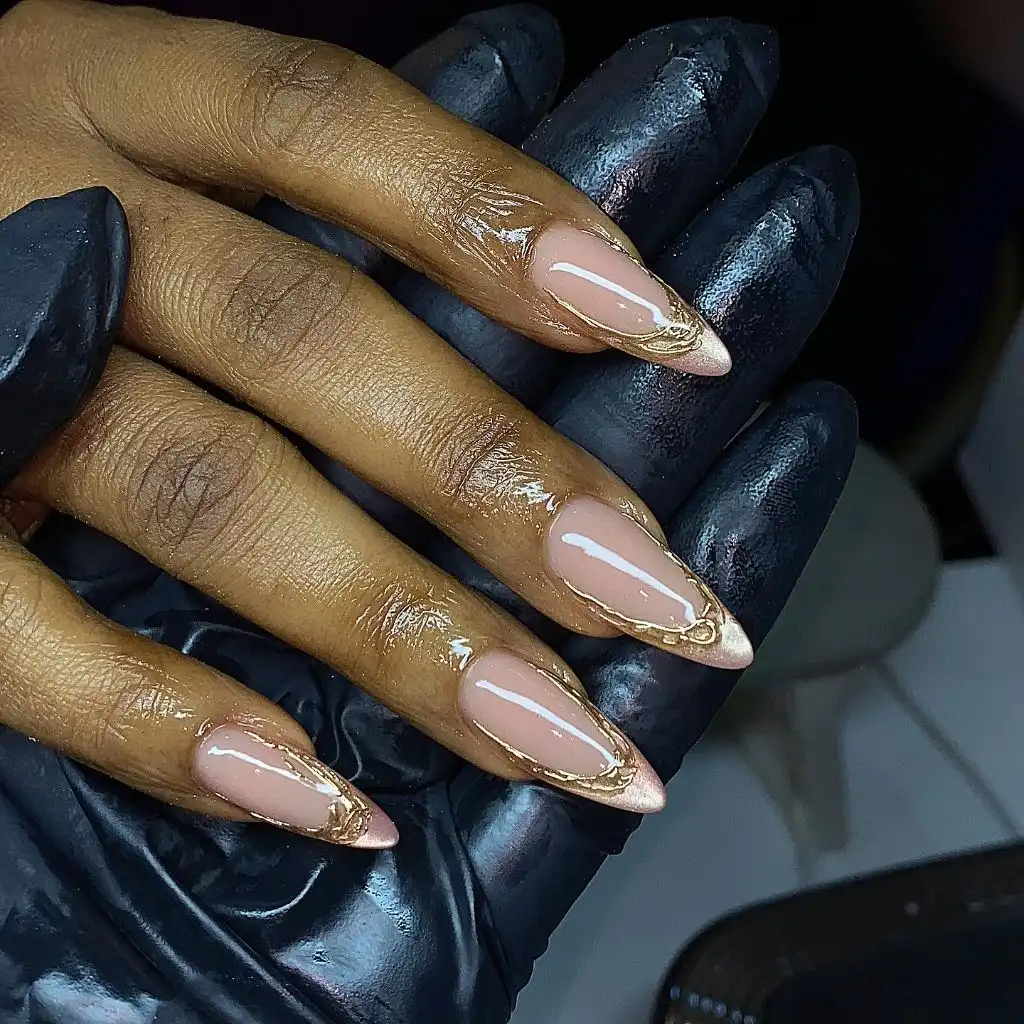 Fall Nail Colors for Dark Skin Nude Almond Nails With Delicate Gold Foil Tips