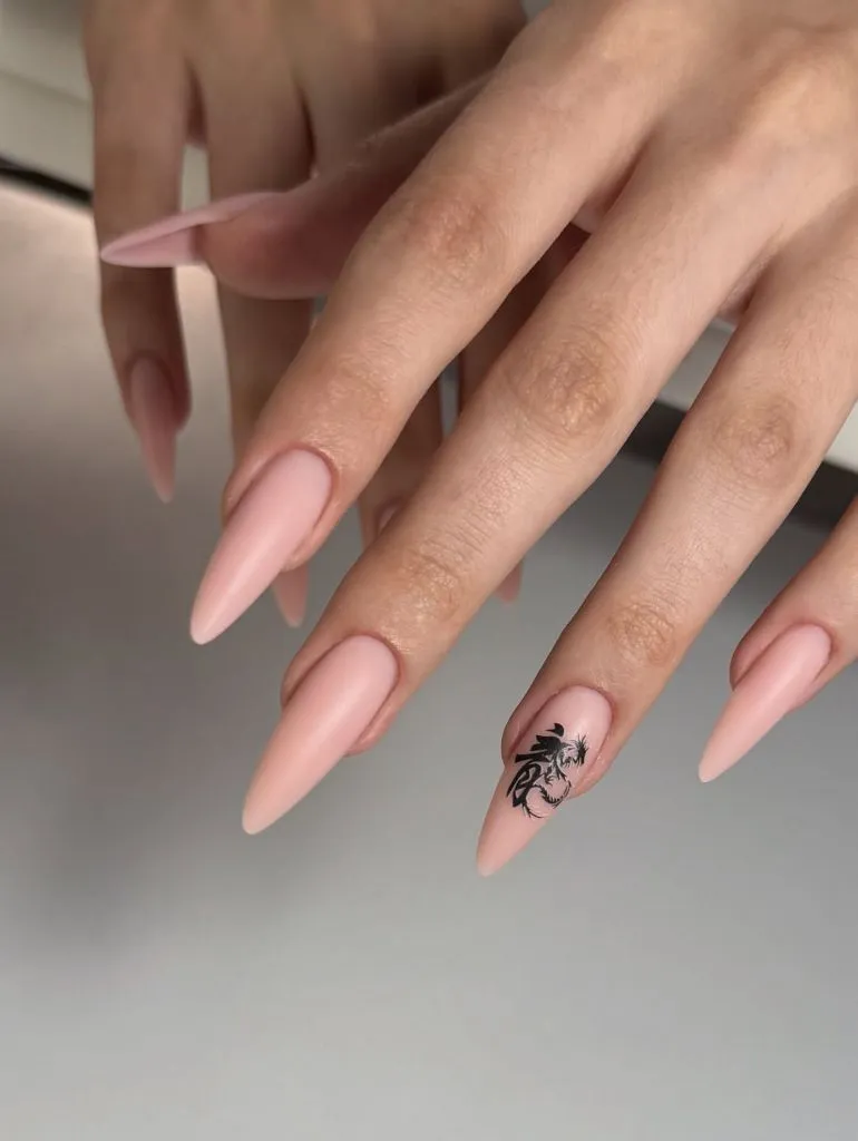 Fall Long Nails 2026 Matte Blush Pink Almond Nails With Dragon Accent