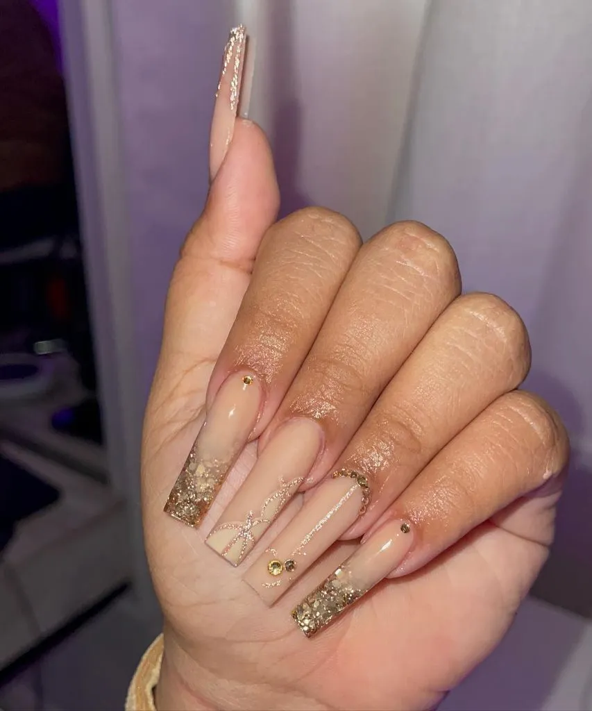 Fall Long Nails 2026 Nude Coffin Nails With Gold Glitter French Tips And Rhinestones