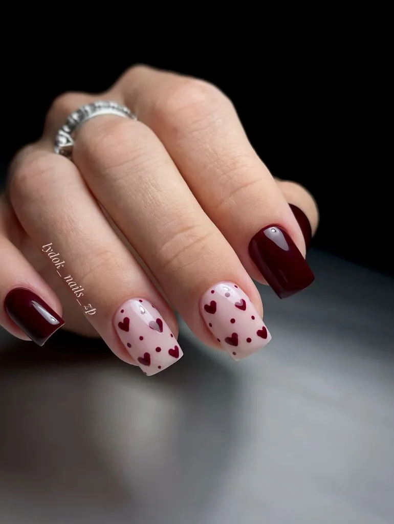 Fall Nail Inspiration 2026 Burgundy and Heart Pattern Short Square Nails