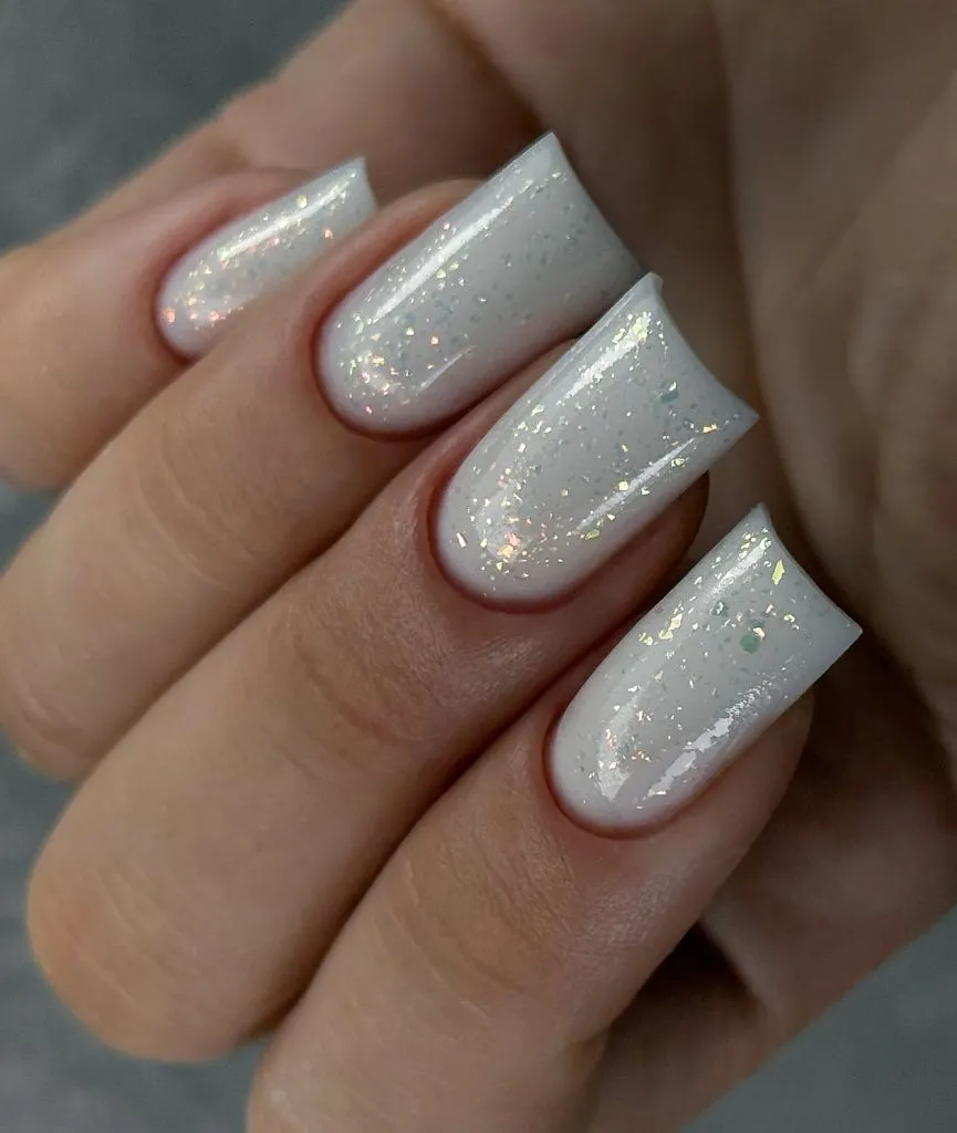 Color First Fall Manicure 2026 Milky White Flake Shimmer Short Square Nails