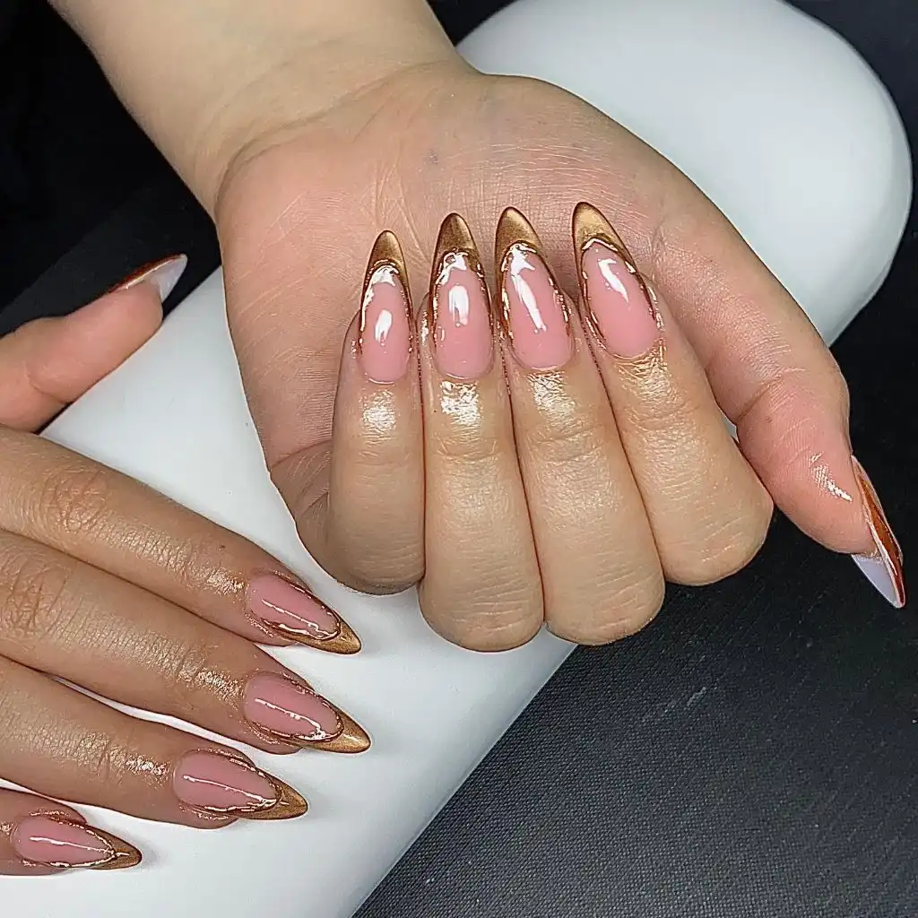Fall Nail Colors for Dark Skin Rose Gold Chrome French Tips On Almond Nails