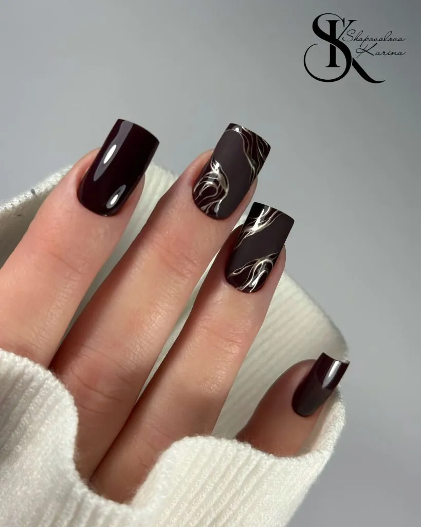 Fall Nail Inspiration 2026 Deep Burgundy Square Nails With Silver Swirl Accents