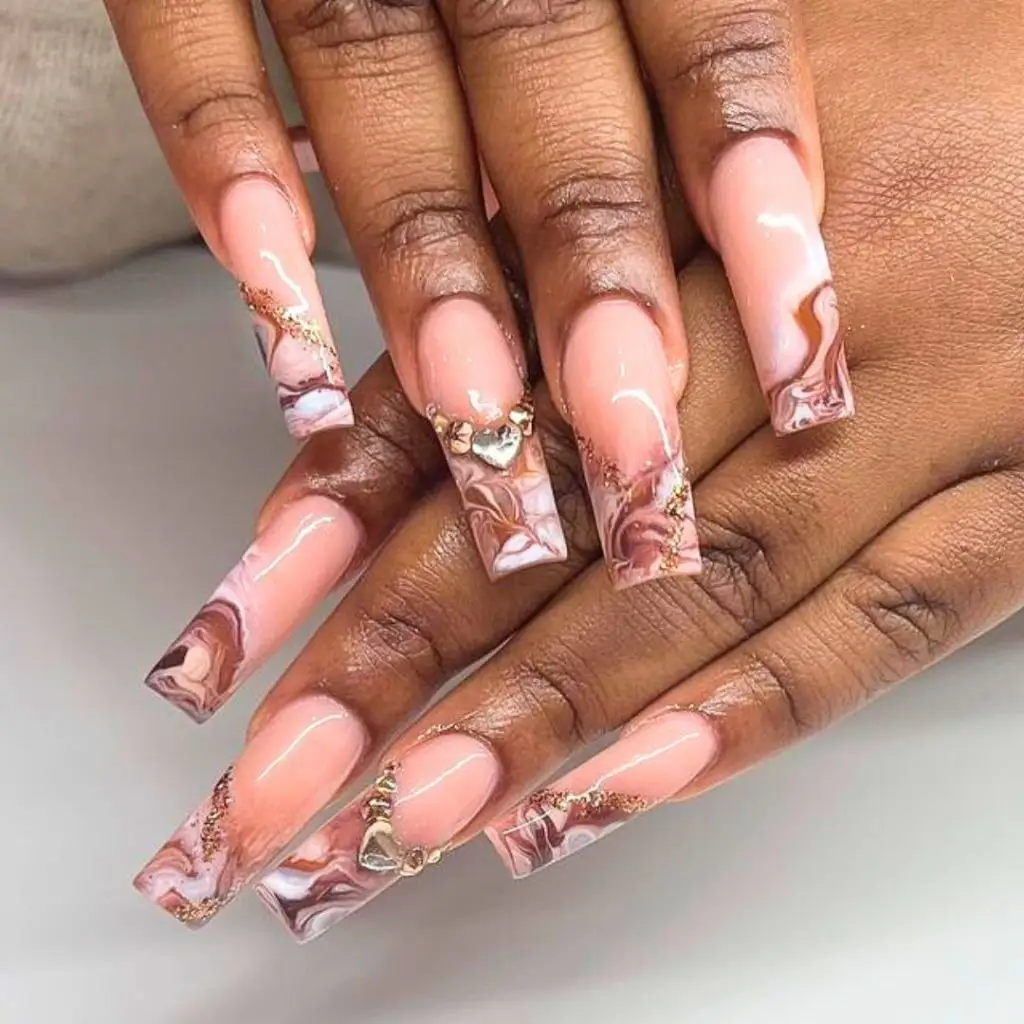 Fall Nail Colors for Dark Skin Nude Coffin Nails With Rose Marble Tips And Gold Heart Charms