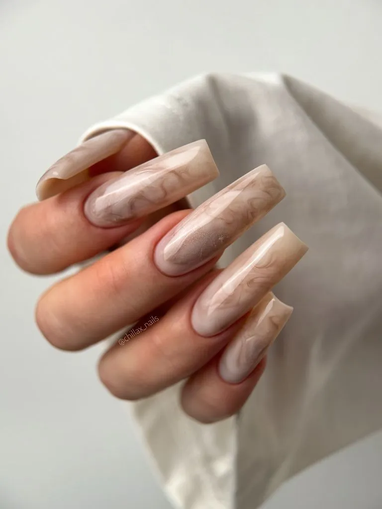 Fall Long Nails 2026 Neutral Marble Swirl Long Coffin Nails