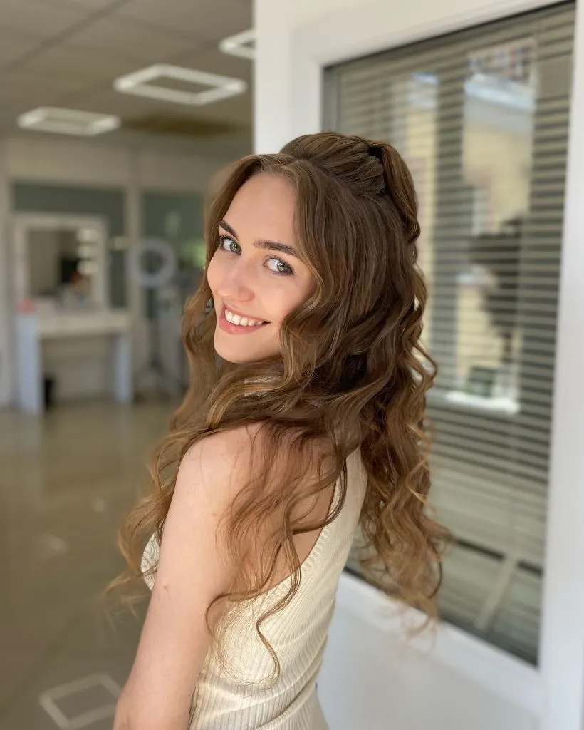 Middle Parting Hairstyles Half-Up Twisted Style With Long Romantic Curls