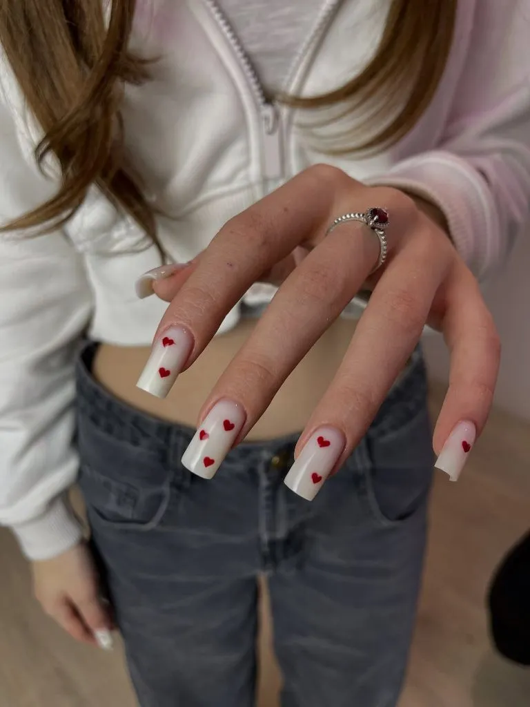 Fall Wedding Nails 2026 White With Red Heart Accents On Long Square Nails