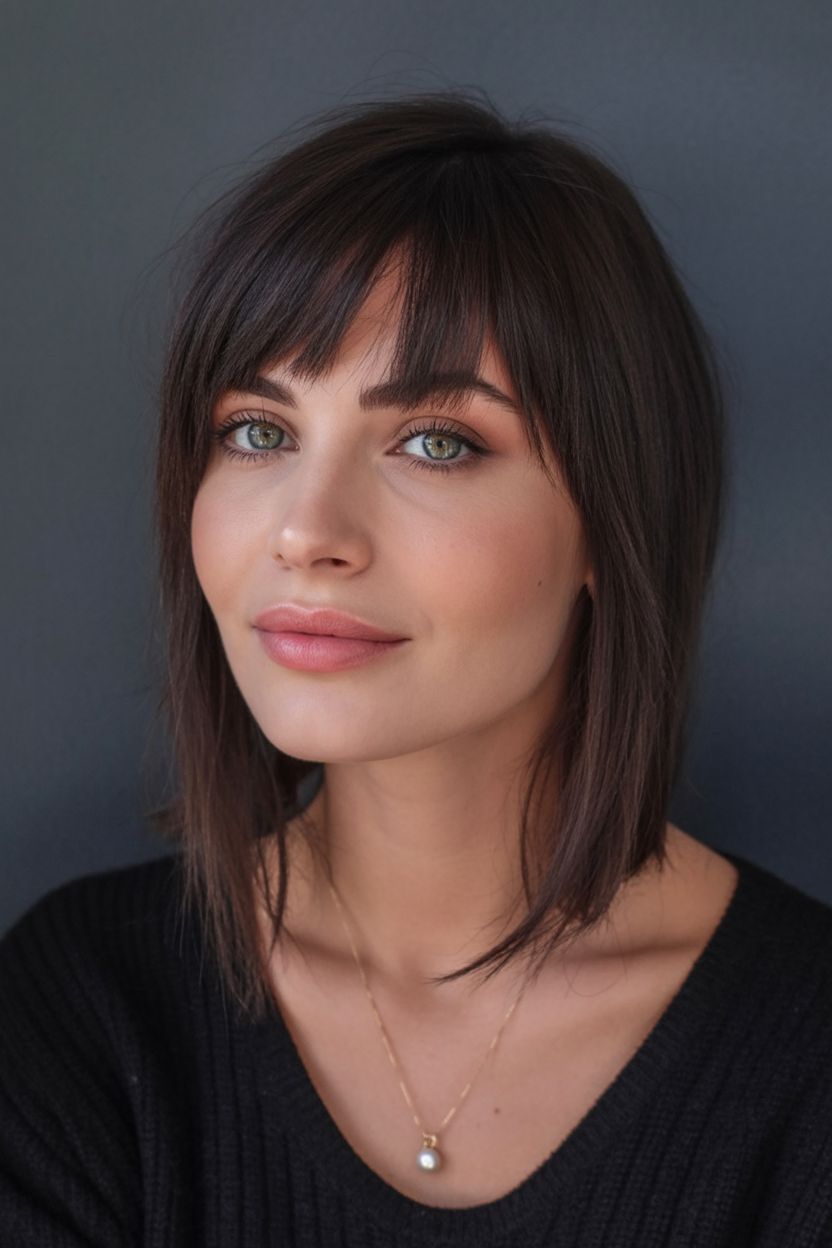 Dark brown collarbone lob with choppy bangs