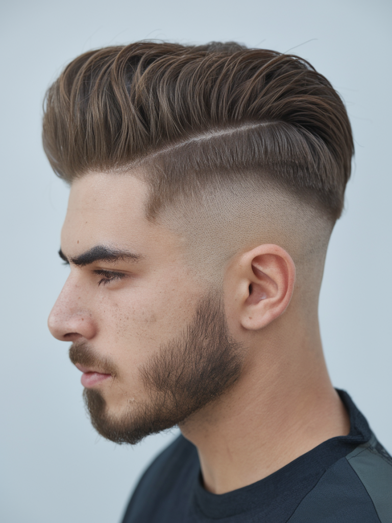 Side part boys haircut with a tapered neckline