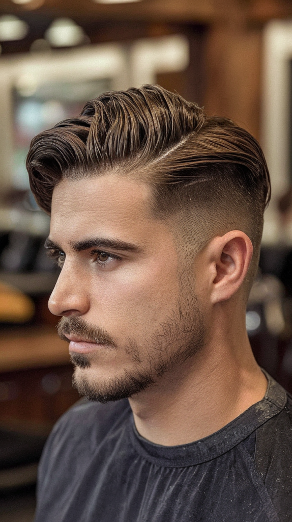Man with a side part haircut and taper fade