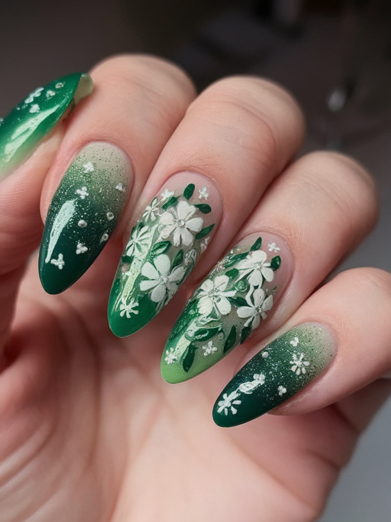 White floral nail art on emerald green nails