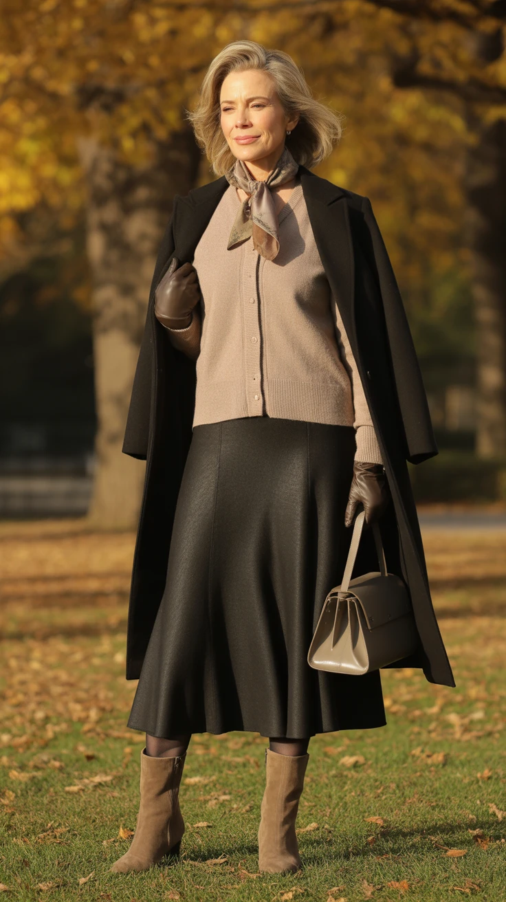 Mature woman in a black coat over a taupe cardigan with a black midi skirt and tan boots
