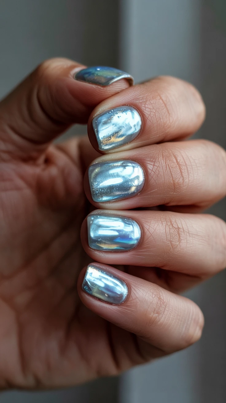 Silver holographic chrome gel nails with rainbow shift