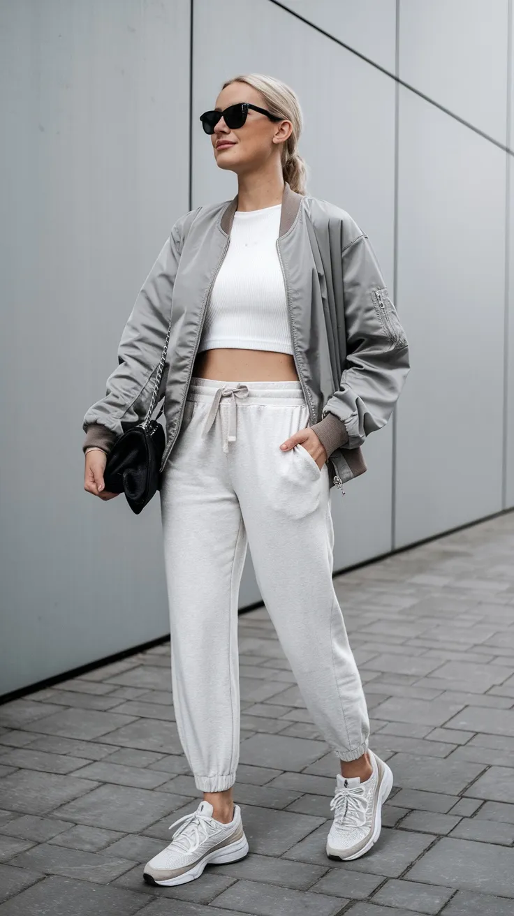 Woman in a grey satin bomber jacket with a white crop top and white joggers