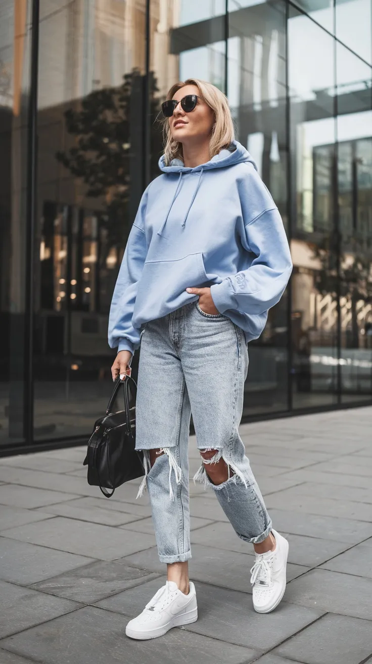 Oversized hoodie with ripped boyfriend jeans and sneakers spring outfit