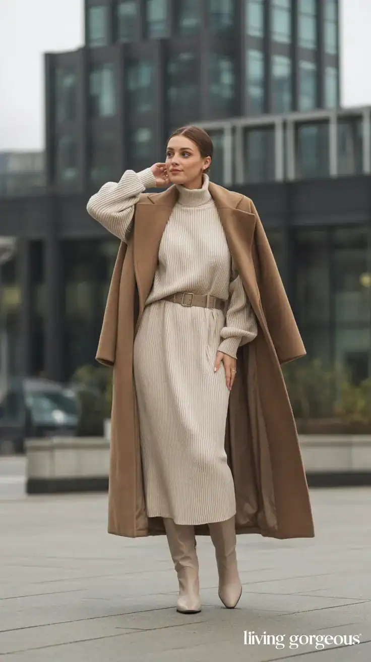Oatmeal knit top and skirt set layered under a long winter coat