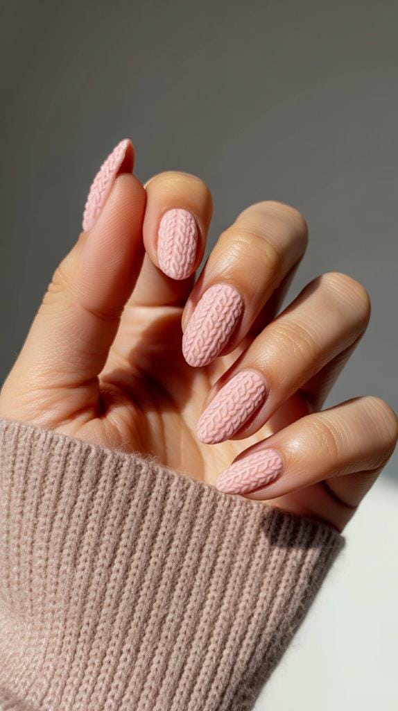 Soft pink nails with a cozy cable-knit sweater texture
