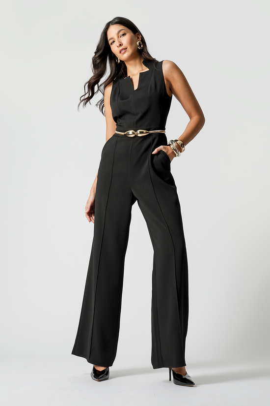 Black sleeveless crepe jumpsuit with gold toggle belt